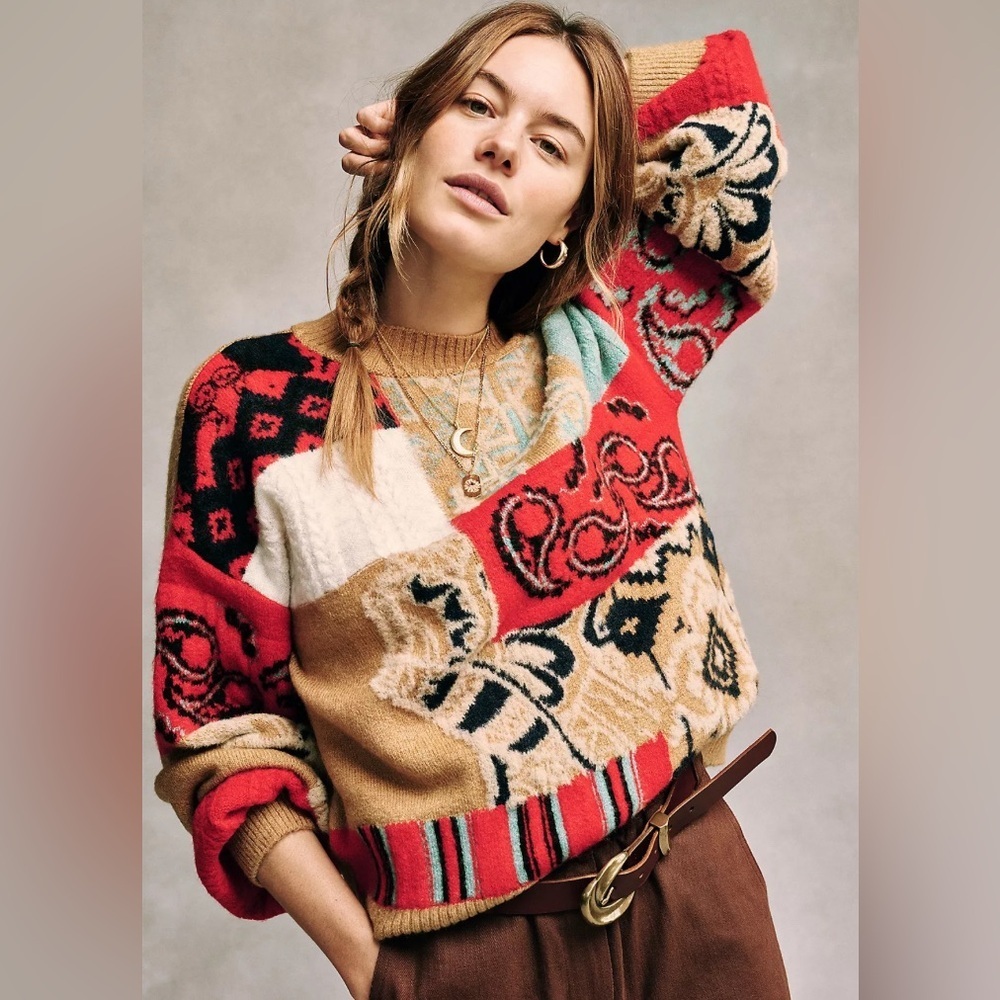 Anthropologie Rachael Patchwork Knit Sweater Size Medium - Picture 1 of 15
